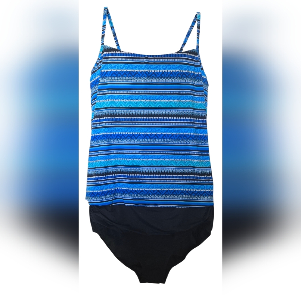 Dreamsuit Blue Striped Tankini Swimsuit with Black Bottom Size 14
